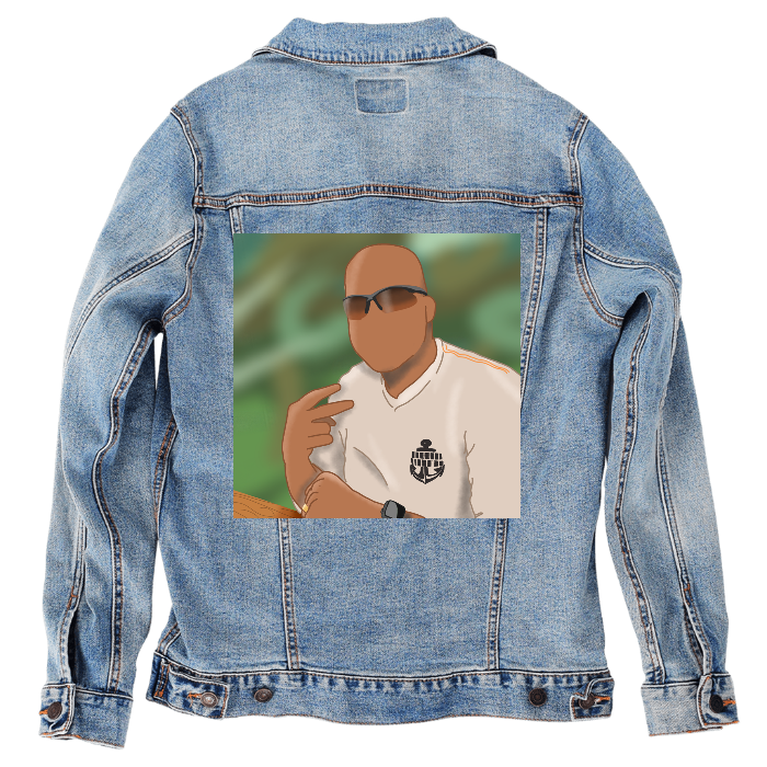 Customer Designed Custom Denim Jacket (hand-crafted) with 3 color choices of jacket: Stonewash, White, or Black. Unisex XS S M L XL 2X 3X. USA hand-crafted and USA digitally printed. Ships free within the USA & also ships Internationally.