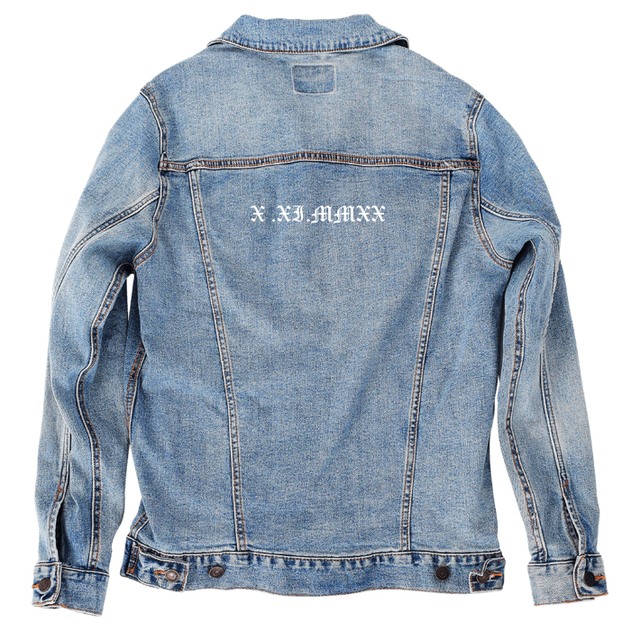 Customer Designed Custom Denim Jacket (hand-crafted) with 3 color choices of jacket: Stonewash, White, or Black. Unisex XS S M L XL 2X 3X. USA hand-crafted and USA digitally printed. Ships free within the USA & also ships Internationally.