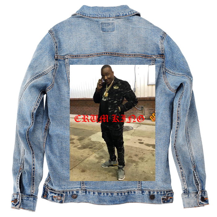 Customer Designed Custom Denim Jacket (hand-crafted) with 3 color choices of jacket: Stonewash, White, or Black. Unisex XS S M L XL 2X 3X. USA hand-crafted and USA digitally printed. Ships free within the USA & also ships Internationally.