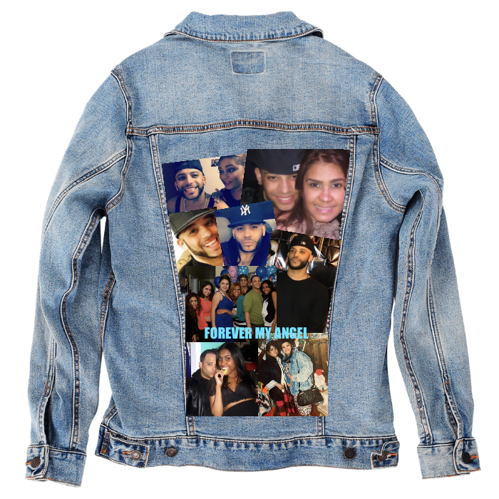 Customer Designed Custom Denim Jacket (hand-crafted) with 3 color choices of jacket: Stonewash, White, or Black. Unisex XS S M L XL 2X 3X. USA hand-crafted and USA digitally printed. Ships free within the USA & also ships Internationally.