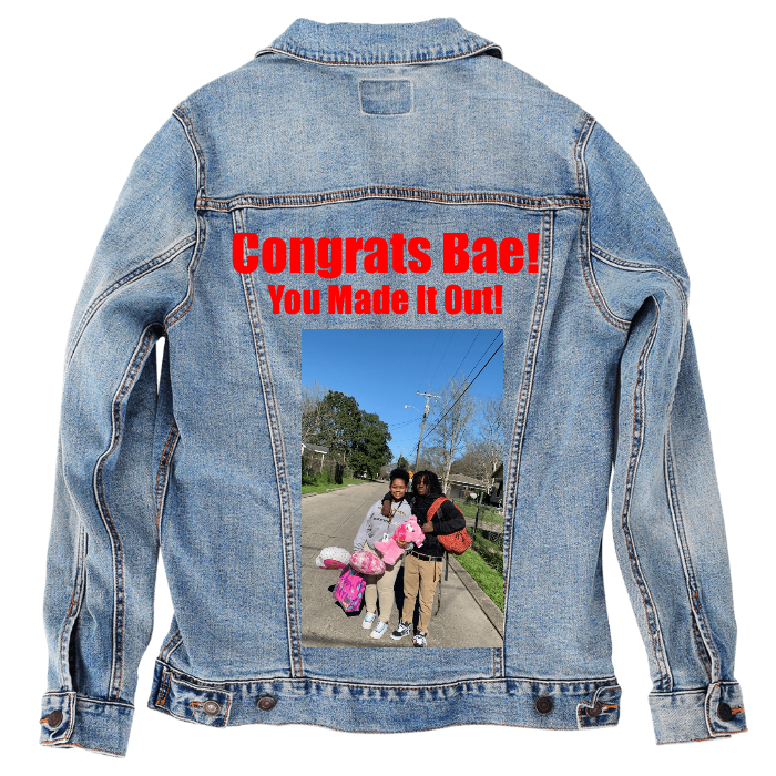Customer Designed Custom Denim Jacket (hand-crafted) with 3 color choices of jacket: Stonewash, White, or Black. Unisex XS S M L XL 2X 3X. USA hand-crafted and USA digitally printed. Ships free within the USA & also ships Internationally.