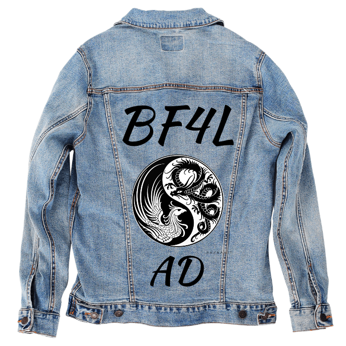 Customer Designed Custom Denim Jacket (hand-crafted) with 3 color choices of jacket: Stonewash, White, or Black. Unisex XS S M L XL 2X 3X. USA hand-crafted and USA digitally printed. Ships free within the USA & also ships Internationally.