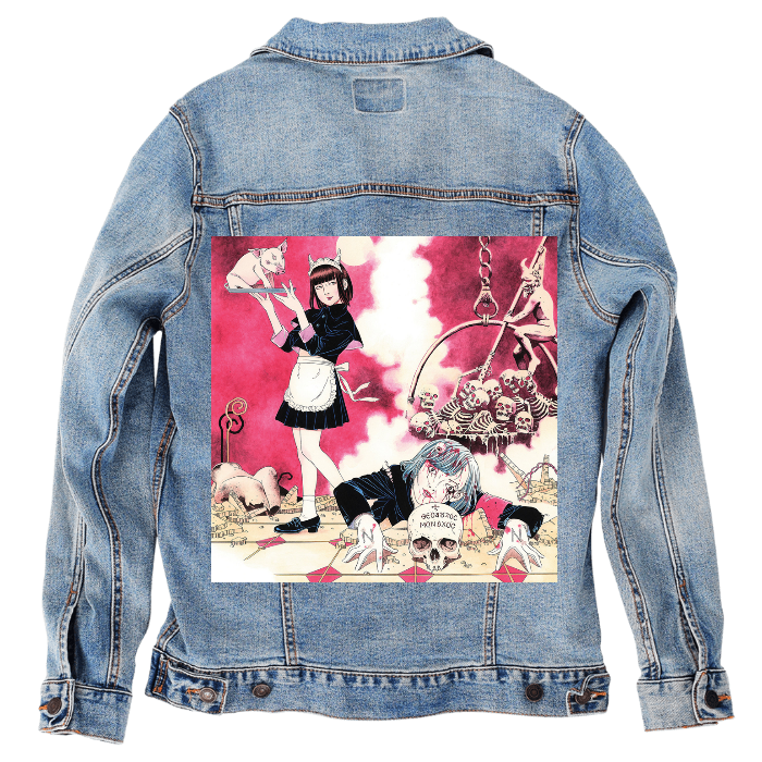 Customer Designed Custom Denim Jacket (hand-crafted) with 3 color choices of jacket: Stonewash, White, or Black. Unisex XS S M L XL 2X 3X. USA hand-crafted and USA digitally printed. Ships free within the USA & also ships Internationally.