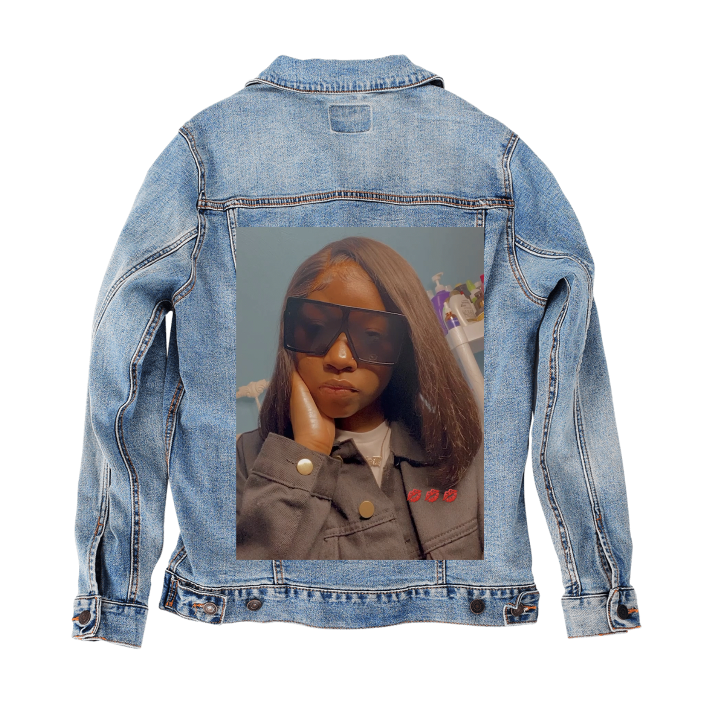 Customer Designed Custom Denim Jacket (hand-crafted) with 3 color choices of jacket: Stonewash, White, or Black. Unisex XS S M L XL 2X 3X. USA hand-crafted and USA digitally printed. Ships free within the USA & also ships Internationally.