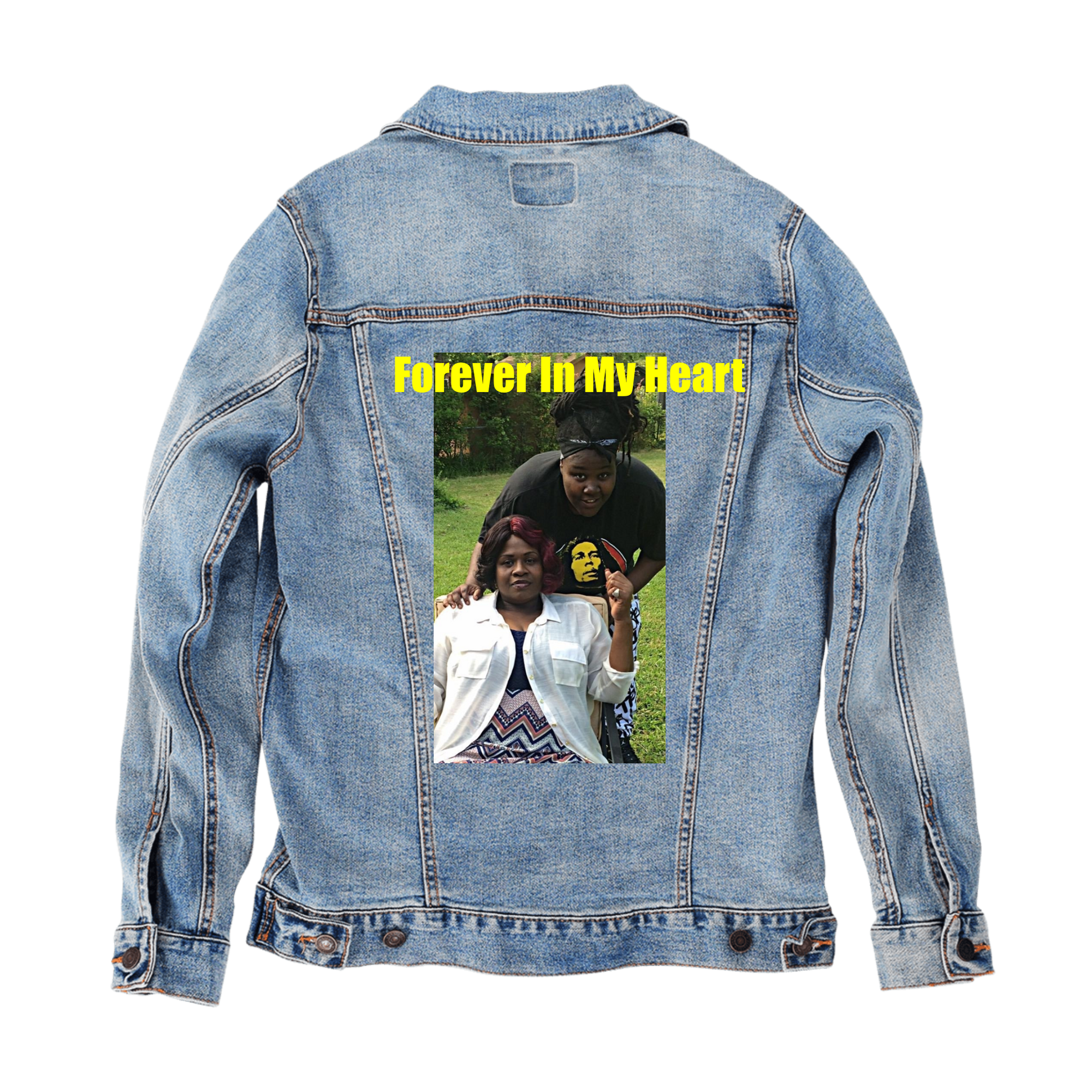 Customer Designed Custom Denim Jacket (hand-crafted) with 3 color choices of jacket: Stonewash, White, or Black. Unisex XS S M L XL 2X 3X. USA hand-crafted and USA digitally printed. Ships free within the USA & also ships Internationally.