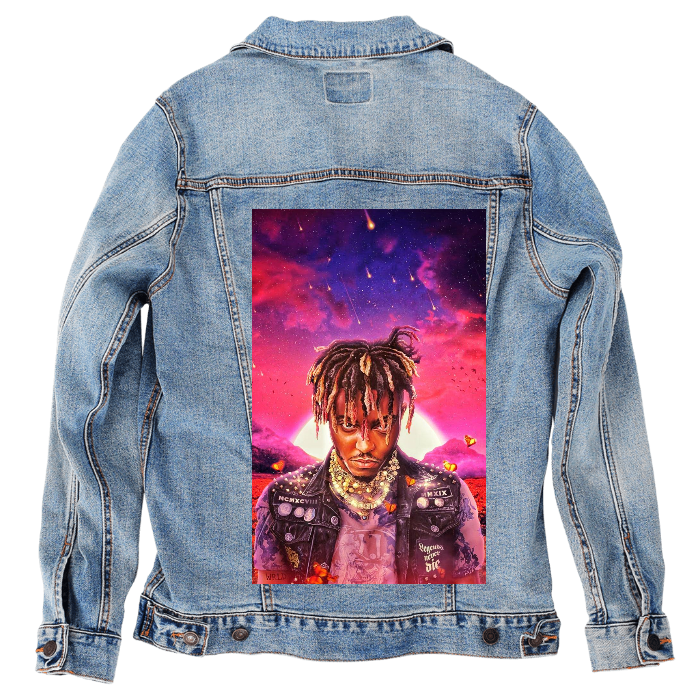 Customer Designed Custom Denim Jacket (hand-crafted) with 3 color choices of jacket: Stonewash, White, or Black. Unisex XS S M L XL 2X 3X. USA hand-crafted and USA digitally printed. Ships free within the USA & also ships Internationally.