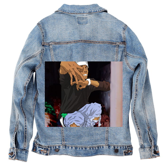 Customer Designed Custom Denim Jacket (hand-crafted) with 3 color choices of jacket: Stonewash, White, or Black. Unisex XS S M L XL 2X 3X. USA hand-crafted and USA digitally printed. Ships free within the USA & also ships Internationally.