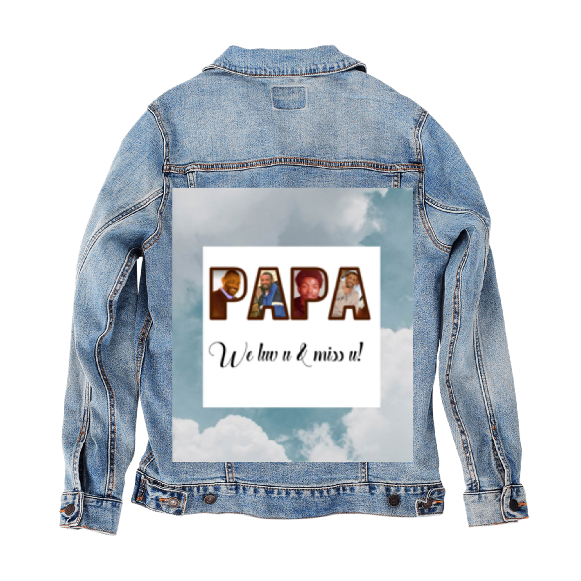 Customer Designed Custom Denim Jacket (hand-crafted) with 3 color choices of jacket: Stonewash, White, or Black. Unisex XS S M L XL 2X 3X. USA hand-crafted and USA digitally printed. Ships free within the USA & also ships Internationally.