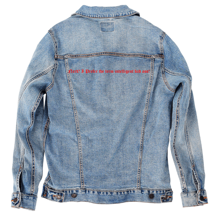 Customer Designed Custom Denim Jacket (hand-crafted) with 3 color choices of jacket: Stonewash, White, or Black. Unisex XS S M L XL 2X 3X. USA hand-crafted and USA digitally printed. Ships free within the USA & also ships Internationally.