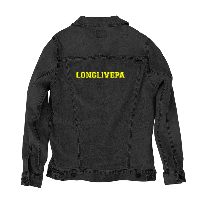 Customer Designed Custom Denim Jacket (hand-crafted) with 3 color choices of jacket: Stonewash, White, or Black. Unisex XS S M L XL 2X 3X. USA hand-crafted and USA digitally printed. Ships free within the USA & also ships Internationally.