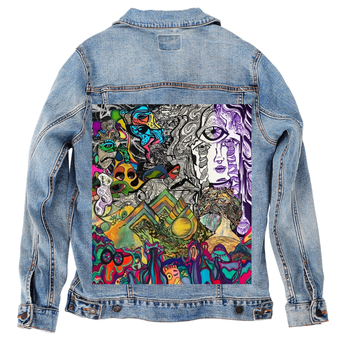 Customer Designed Custom Denim Jacket (hand-crafted) with 3 color choices of jacket: Stonewash, White, or Black. Unisex XS S M L XL 2X 3X. USA hand-crafted and USA digitally printed. Ships free within the USA & also ships Internationally.