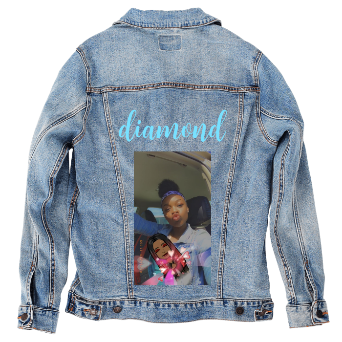 Customer Designed Custom Denim Jacket (hand-crafted) with 3 color choices of jacket: Stonewash, White, or Black. Unisex XS S M L XL 2X 3X. USA hand-crafted and USA digitally printed. Ships free within the USA & also ships Internationally.