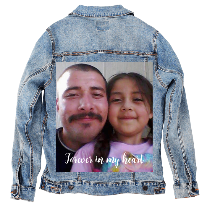 Customer Designed Custom Denim Jacket (hand-crafted) with 3 color choices of jacket: Stonewash, White, or Black. Unisex XS S M L XL 2X 3X. USA hand-crafted and USA digitally printed. Ships free within the USA & also ships Internationally.