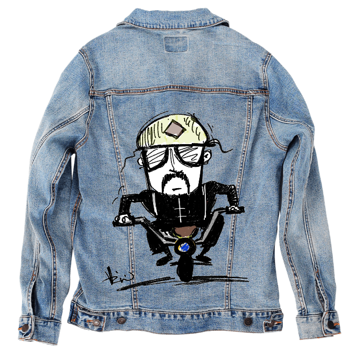 Customer Designed Custom Denim Jacket (hand-crafted) with 3 color choices of jacket: Stonewash, White, or Black. Unisex XS S M L XL 2X 3X. USA hand-crafted and USA digitally printed. Ships free within the USA & also ships Internationally.