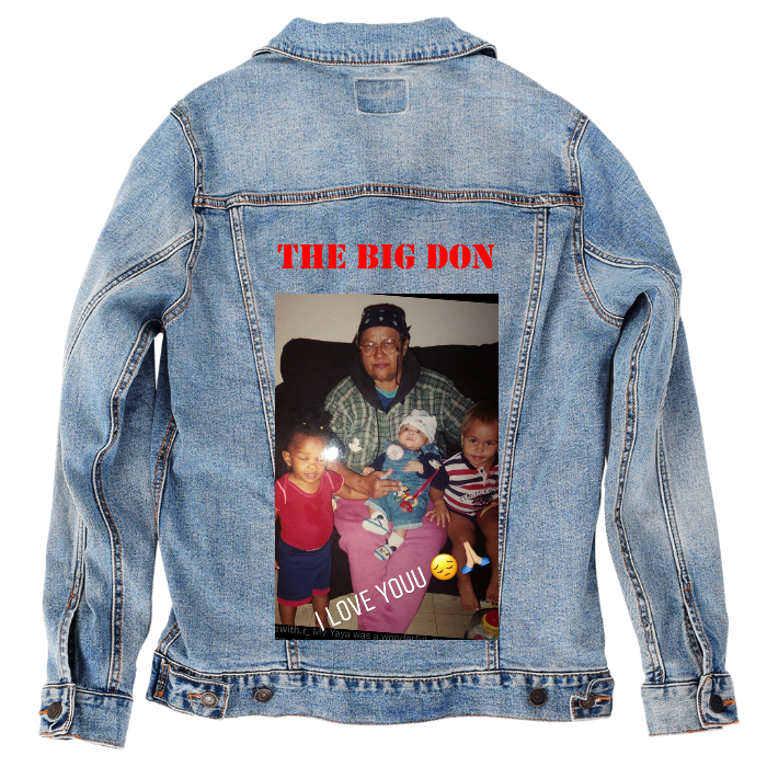 Customer Designed Custom Denim Jacket (hand-crafted) with 3 color choices of jacket: Stonewash, White, or Black. Unisex XS S M L XL 2X 3X. USA hand-crafted and USA digitally printed. Ships free within the USA & also ships Internationally.