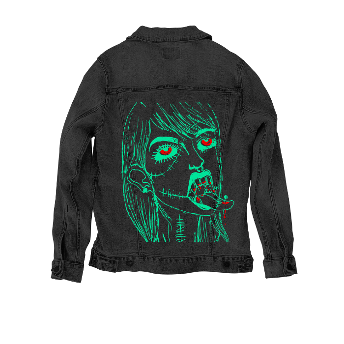 Customer Designed Custom Denim Jacket (hand-crafted) with 3 color choices of jacket: Stonewash, White, or Black. Unisex XS S M L XL 2X 3X. USA hand-crafted and USA digitally printed. Ships free within the USA & also ships Internationally.