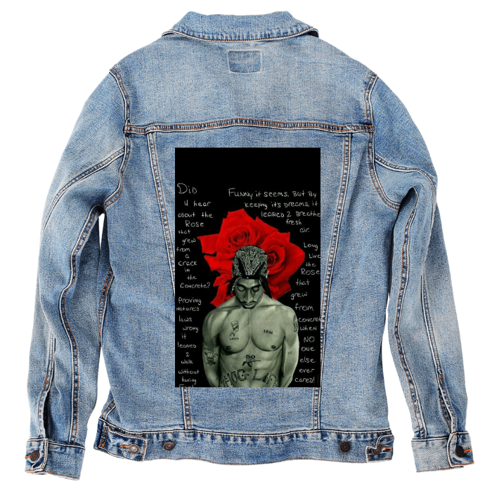 Customer Designed Custom Denim Jacket (hand-crafted) with 3 color choices of jacket: Stonewash, White, or Black. Unisex XS S M L XL 2X 3X. USA hand-crafted and USA digitally printed. Ships free within the USA & also ships Internationally.