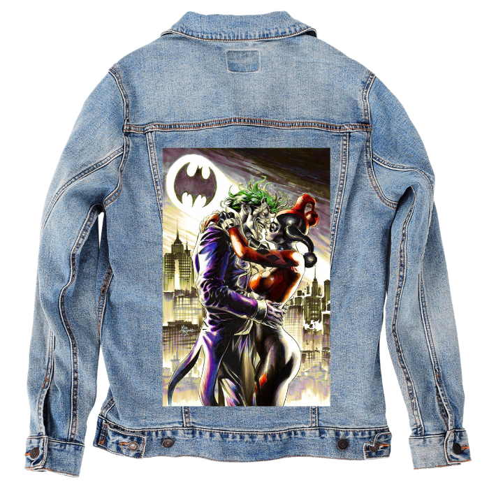 Customer Designed Custom Denim Jacket (hand-crafted) with 3 color choices of jacket: Stonewash, White, or Black. Unisex XS S M L XL 2X 3X. USA hand-crafted and USA digitally printed. Ships free within the USA & also ships Internationally.
