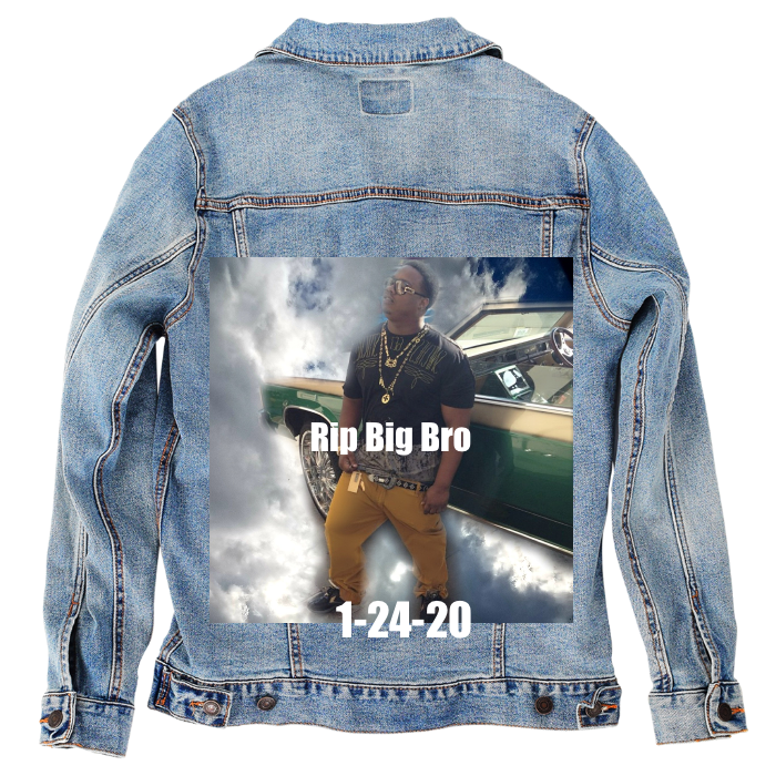 Customer Designed Custom Denim Jacket (hand-crafted) with 3 color choices of jacket: Stonewash, White, or Black. Unisex XS S M L XL 2X 3X. USA hand-crafted and USA digitally printed. Ships free within the USA & also ships Internationally.