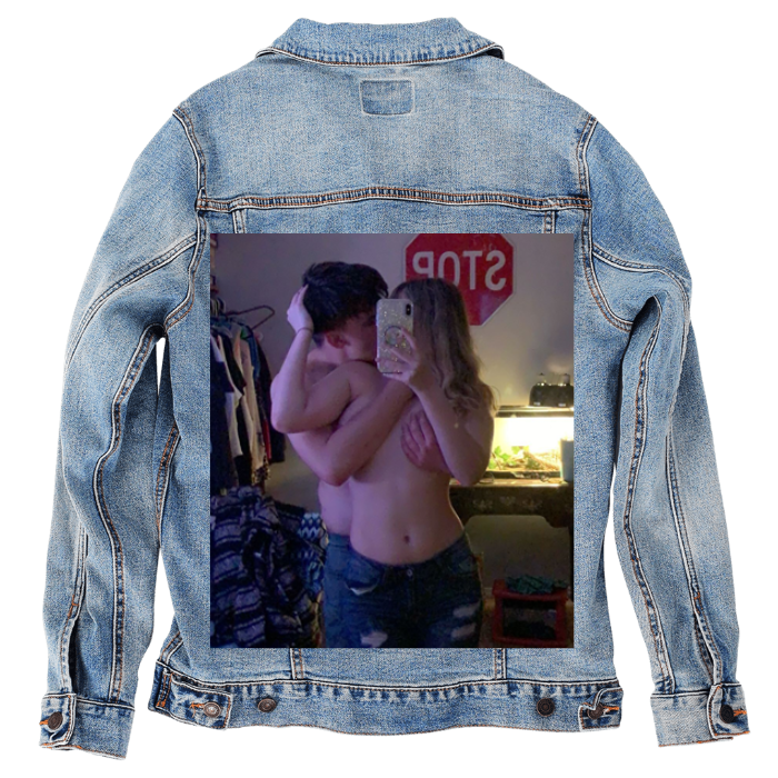 Customer Designed Custom Denim Jacket (hand-crafted) with 3 color choices of jacket: Stonewash, White, or Black. Unisex XS S M L XL 2X 3X. USA hand-crafted and USA digitally printed. Ships free within the USA & also ships Internationally.