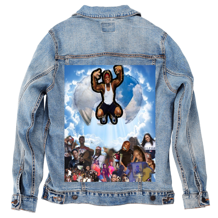 Customer Designed Custom Denim Jacket (hand-crafted) with 3 color choices of jacket: Stonewash, White, or Black. Unisex XS S M L XL 2X 3X. USA hand-crafted and USA digitally printed. Ships free within the USA & also ships Internationally.