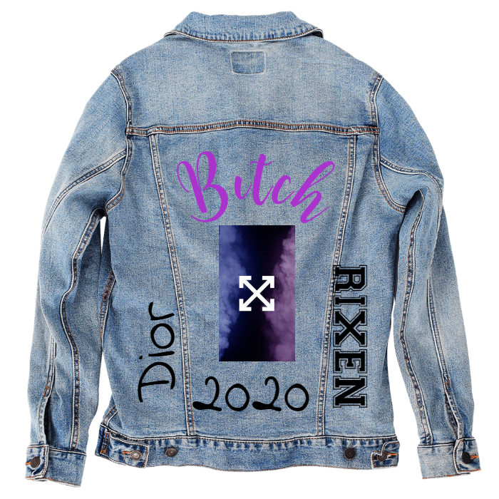 Customer Designed Custom Denim Jacket (hand-crafted) with 3 color choices of jacket: Stonewash, White, or Black. Unisex XS S M L XL 2X 3X. USA hand-crafted and USA digitally printed. Ships free within the USA & also ships Internationally.