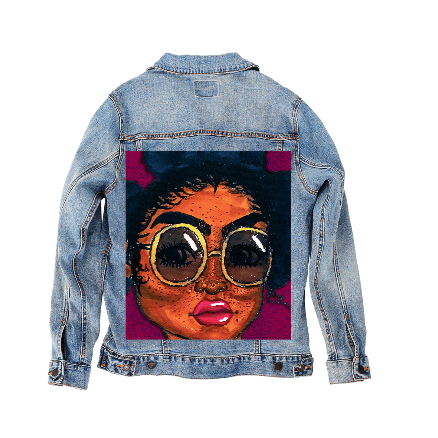 Customer Designed Custom Denim Jacket (hand-crafted) with 3 color choices of jacket: Stonewash, White, or Black. Unisex XS S M L XL 2X 3X. USA hand-crafted and USA digitally printed. Ships free within the USA & also ships Internationally.
