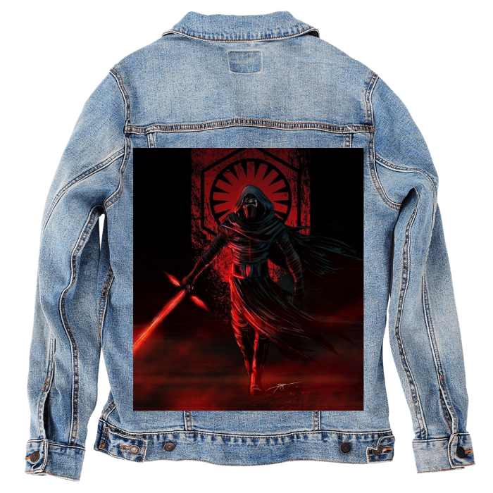 Customer Designed Custom Denim Jacket (hand-crafted) with 3 color choices of jacket: Stonewash, White, or Black. Unisex XS S M L XL 2X 3X. USA hand-crafted and USA digitally printed. Ships free within the USA & also ships Internationally.