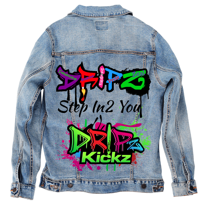 Customer Designed Custom Denim Jacket (hand-crafted) with 3 color choices of jacket: Stonewash, White, or Black. Unisex XS S M L XL 2X 3X. USA hand-crafted and USA digitally printed. Ships free within the USA & also ships Internationally.