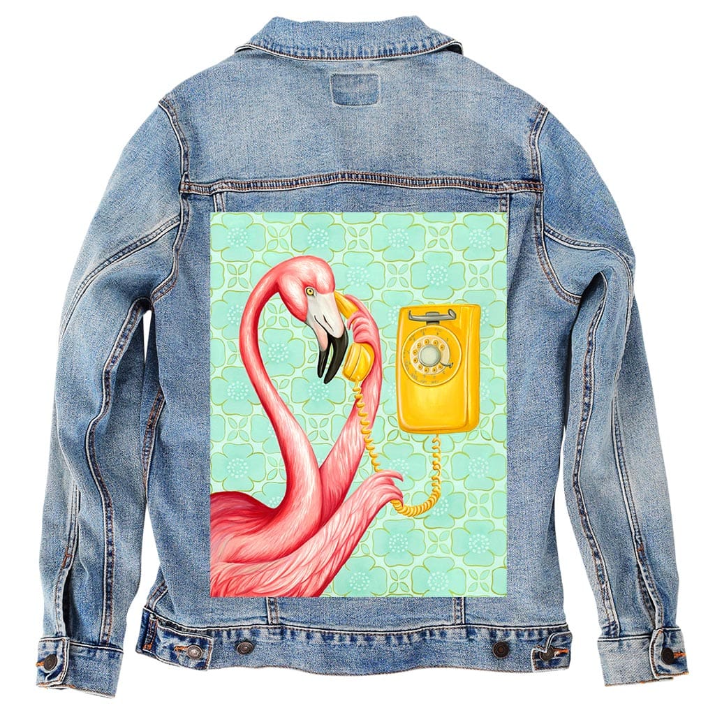 PINK FLAMINGO ON THE PHONE 2 by AMELIA LEGAULT, digitally printed on DENIM products: throw pillows, aprons, table place mats, and hand-made Unisex Denim Jackets in 3 color choices PINK FLAMINGO ON THE PHONE 2 by AMELIA LEGAULT, digitally printed on DENIM products: throw pillows, aprons, table place mats, and hand-made Unisex Denim Jackets in 3 color choices