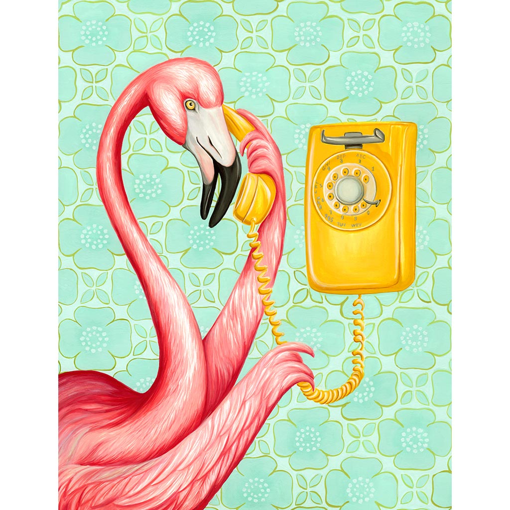 PINK FLAMINGO ON THE PHONE 2 by AMELIA LEGAULT, digitally printed on DENIM products: throw pillows, aprons, table place mats, and hand-made Unisex Denim Jackets in 3 color choices