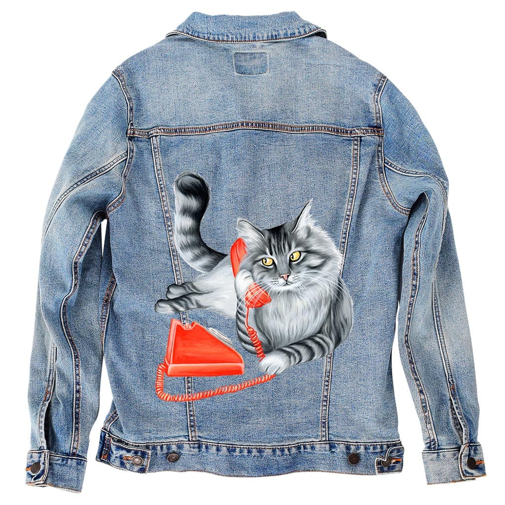CAT ON THE PHONE by AMELIA LEGAULT, digitally printed on DENIM products: throw pillows, aprons, table place mats, and hand-made Unisex Denim Jackets in 3 color choices CAT ON THE PHONE by AMELIA LEGAULT, digitally printed on DENIM products: throw pillows, aprons, table place mats, and hand-made Unisex Denim Jackets in 3 color choices
