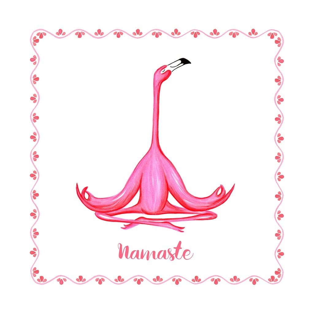 PINK FLAMINGO MEDITATING NAMASTE by AMELIA LEGAULT, digitally printed on DENIM products: throw pillows, aprons, table place mats, and hand-made Unisex Denim Jackets in 3 color choices PINK FLAMINGO MEDITATING NAMASTE by AMELIA LEGAULT, digitally printed on DENIM products: throw pillows, aprons, table place mats, and hand-made Unisex Denim Jackets in 3 color choices
