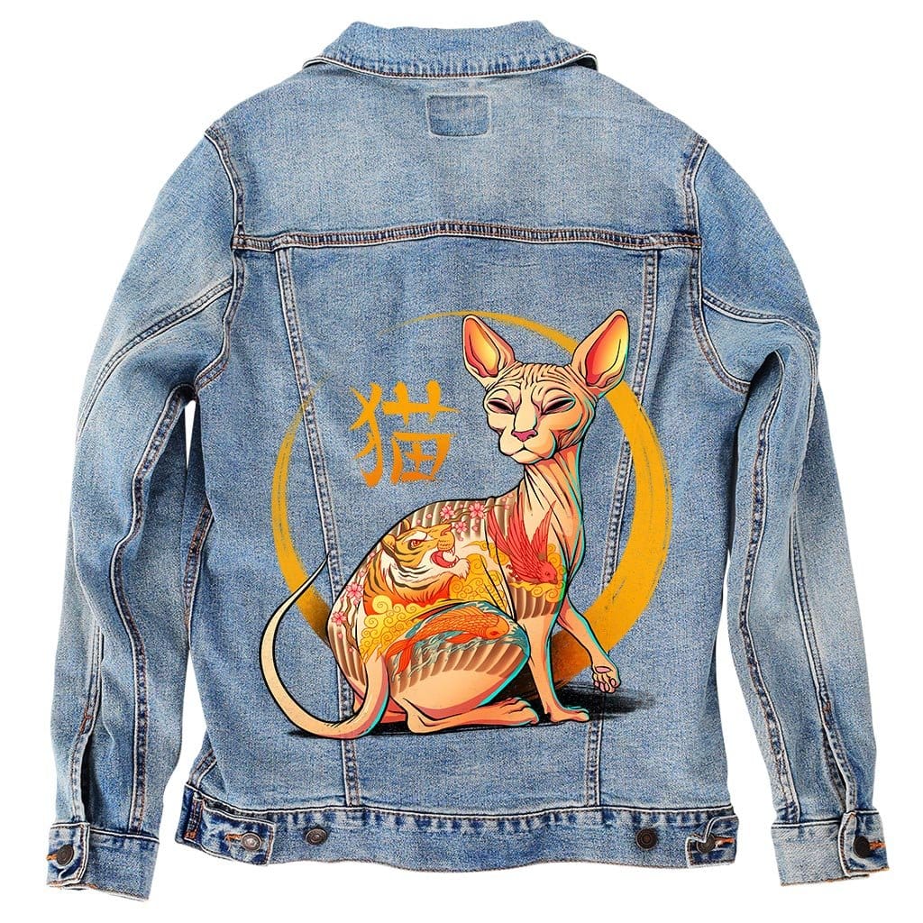 YAKUZA CAT by TOBE FONSECA, digitally printed on DENIM products: throw pillows, aprons, table place mats, and hand-made Unisex Denim Jackets in 3 color choices YAKUZA CAT by TOBE FONSECA, digitally printed on DENIM products: throw pillows, aprons, table place mats, and hand-made Unisex Denim Jackets in 3 color choices