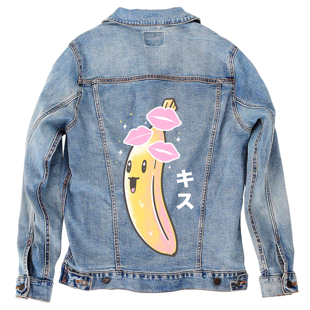 BANANA KISSES by TOBE FONSECA, digitally printed on DENIM products: throw pillows, aprons, table place mats, and hand-made Unisex Denim Jackets in 3 color choices