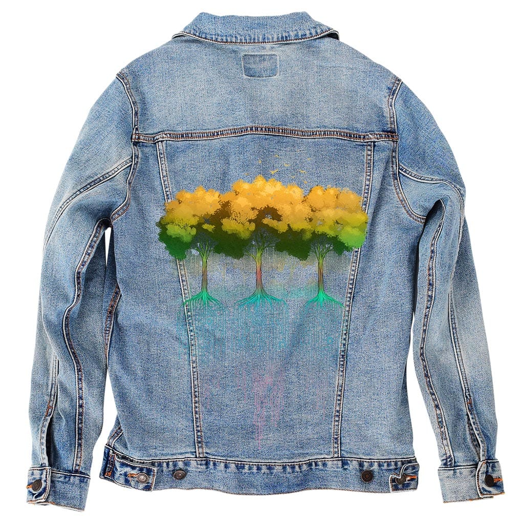 CONNECTION FOREST by TOBE FONSECA, digitally printed on DENIM products: throw pillows, aprons, table place mats, and hand-made Unisex Denim Jackets in 3 color choices CONNECTION FOREST by TOBE FONSECA, digitally printed on DENIM products: throw pillows, aprons, table place mats, and hand-made Unisex Denim Jackets in 3 color choices