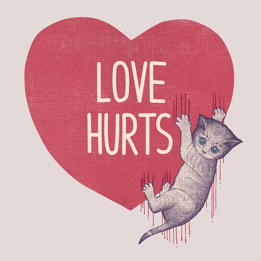 LOVE HURTS by TOBE FONSECA, digitally printed on DENIM products: throw pillows, aprons, table place mats, and hand-made Unisex Denim Jackets in 3 color choices