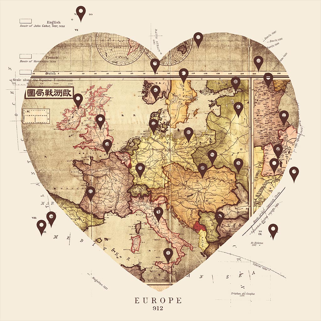 LOVE BY TRAVEL by TOBE FONSECA, digitally printed on DENIM products: throw pillows, aprons, table place mats, and hand-made Unisex Denim Jackets in 3 color choices