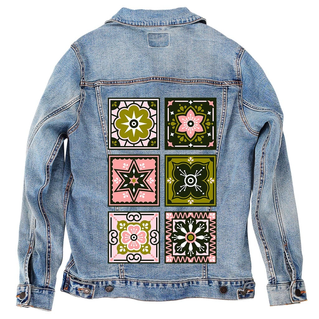 Printed Denim Jacket TALAVERA MEXICAN TILE by CatCoq, digitally printed on DENIM products: throw pillows, aprons, table place mats, and hand-made Unisex Denim Jackets in 3 color choices TALAVERA MEXICAN TILE by CatCoq, digitally printed on DENIM products: throw pillows, aprons, table place mats, and hand-made Unisex Denim Jackets in 3 color choices