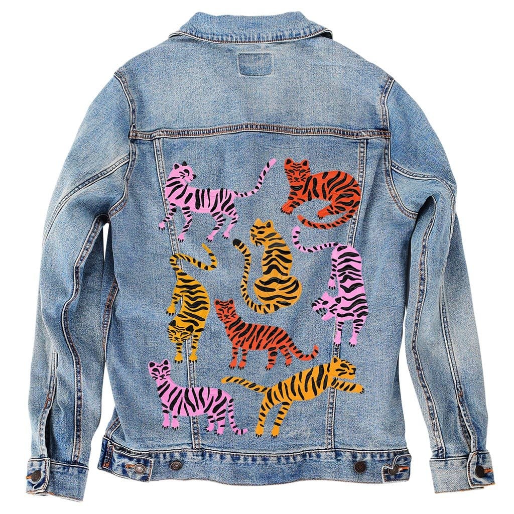 Printed Denim Jacket TIGER COLLECTION by CatCoq, digitally printed on DENIM products: throw pillows, aprons, table place mats, and hand-made Unisex Denim Jackets in 3 color choices TIGER COLLECTION by CatCoq, digitally printed on DENIM products: throw pillows, aprons, table place mats, and hand-made Unisex Denim Jackets in 3 color choices