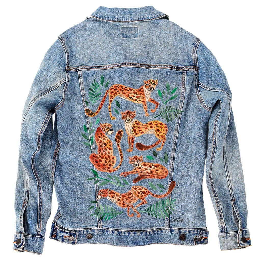 Printed Denim Jacket CHEETAH COLLECTION by CatCoq, digitally printed on DENIM products: throw pillows, aprons, table place mats, and hand-made Unisex Denim Jackets in 3 color choices CHEETAH COLLECTION by CatCoq, digitally printed on DENIM products: throw pillows, aprons, table place mats, and hand-made Unisex Denim Jackets in 3 color choices