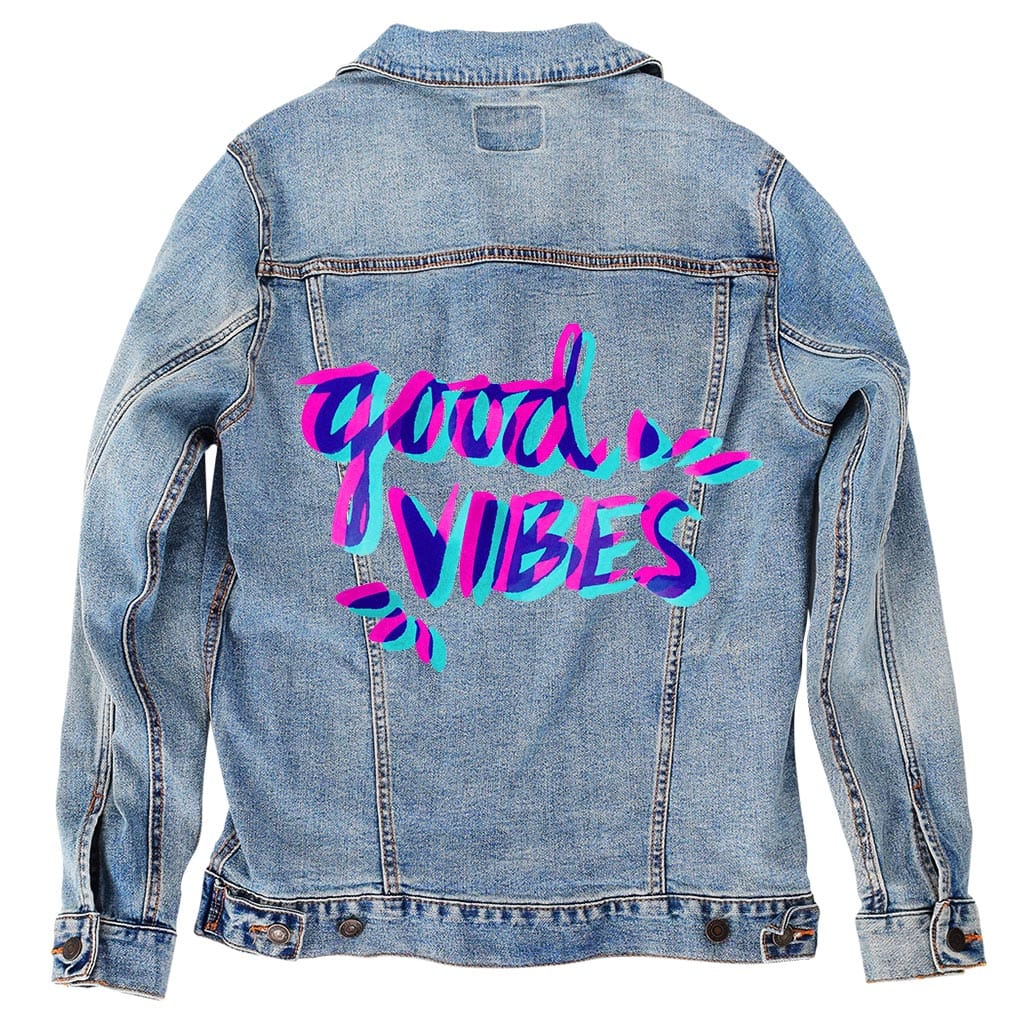 Printed Denim Jacket GOOD VIBES by CatCoq, digitally printed on DENIM products: throw pillows, aprons, table place mats, and hand-made Unisex Denim Jackets in 3 color choices GOOD VIBES by CatCoq, digitally printed on DENIM products: throw pillows, aprons, table place mats, and hand-made Unisex Denim Jackets in 3 color choices