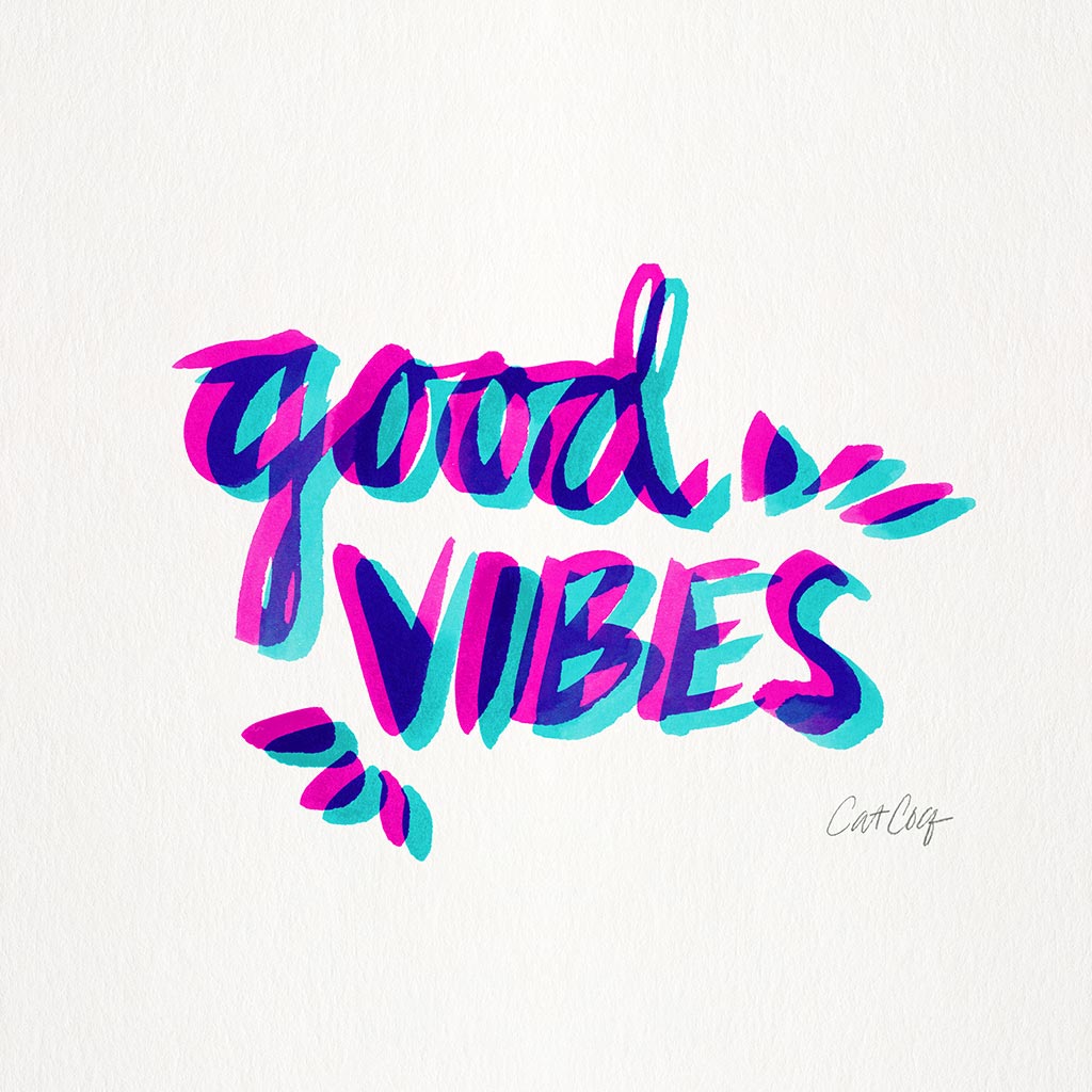 GOOD VIBES by CatCoq, digitally printed on DENIM products: throw pillows, aprons, table place mats, and hand-made Unisex Denim Jackets in 3 color choices