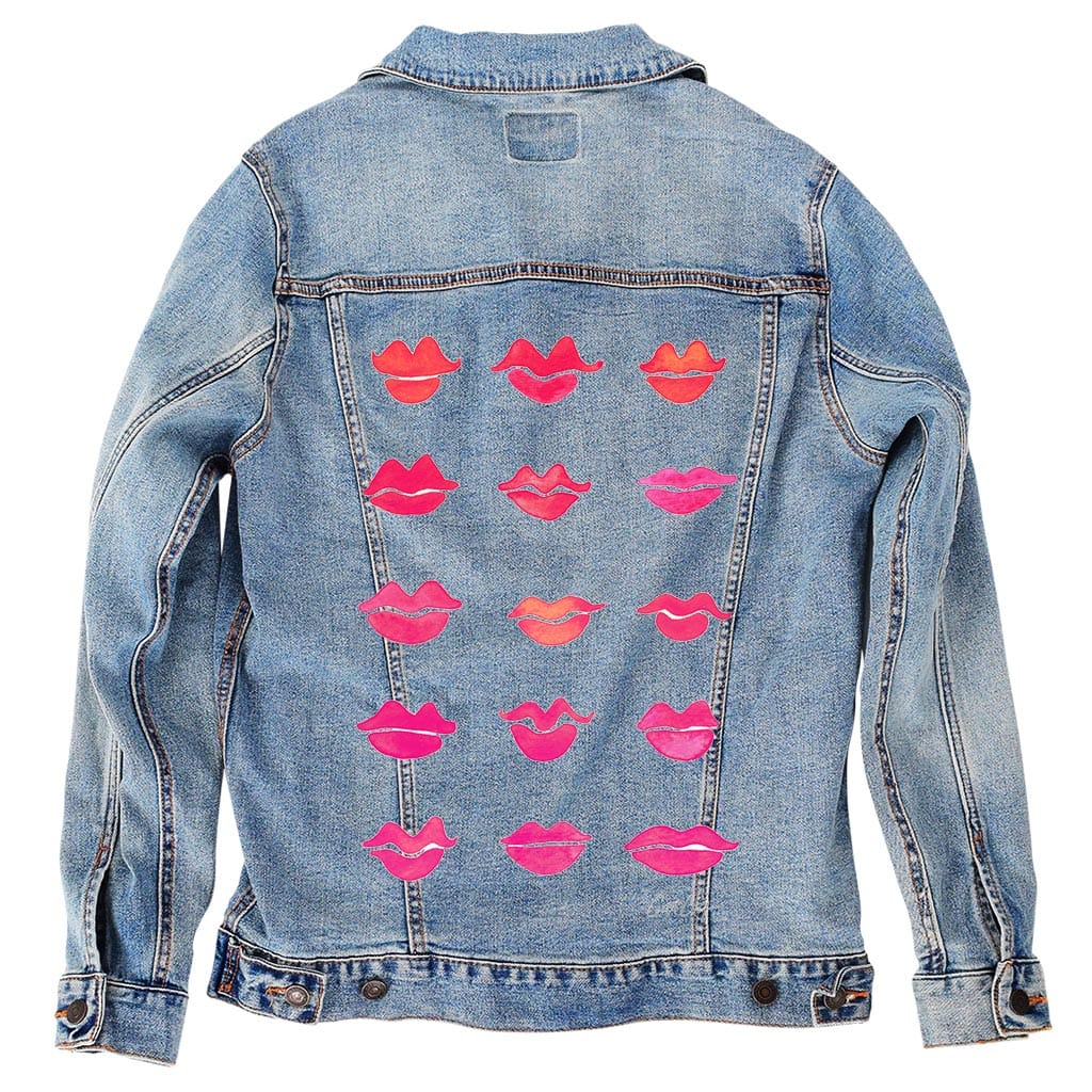 Printed Denim Jacket KISS COLLECTION by CatCoq, digitally printed on DENIM products: throw pillows, aprons, table place mats, and hand-made Unisex Denim Jackets in 3 color choices KISS COLLECTION by CatCoq, digitally printed on DENIM products: throw pillows, aprons, table place mats, and hand-made Unisex Denim Jackets in 3 color choices