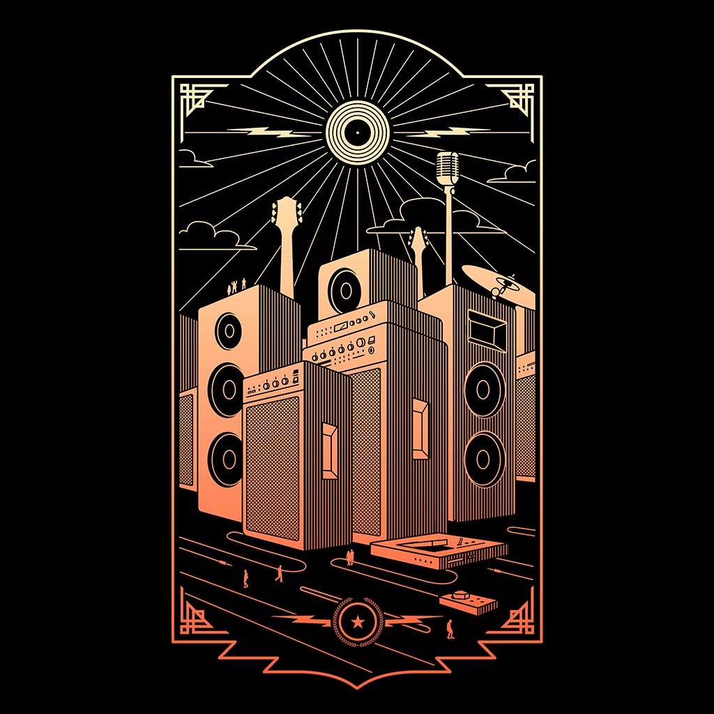 SOUND CITY by GRANT SHEPLEY, digitally printed on DENIM products: throw pillows, aprons, table place mats, and hand-made Unisex Denim Jackets in 3 color choices