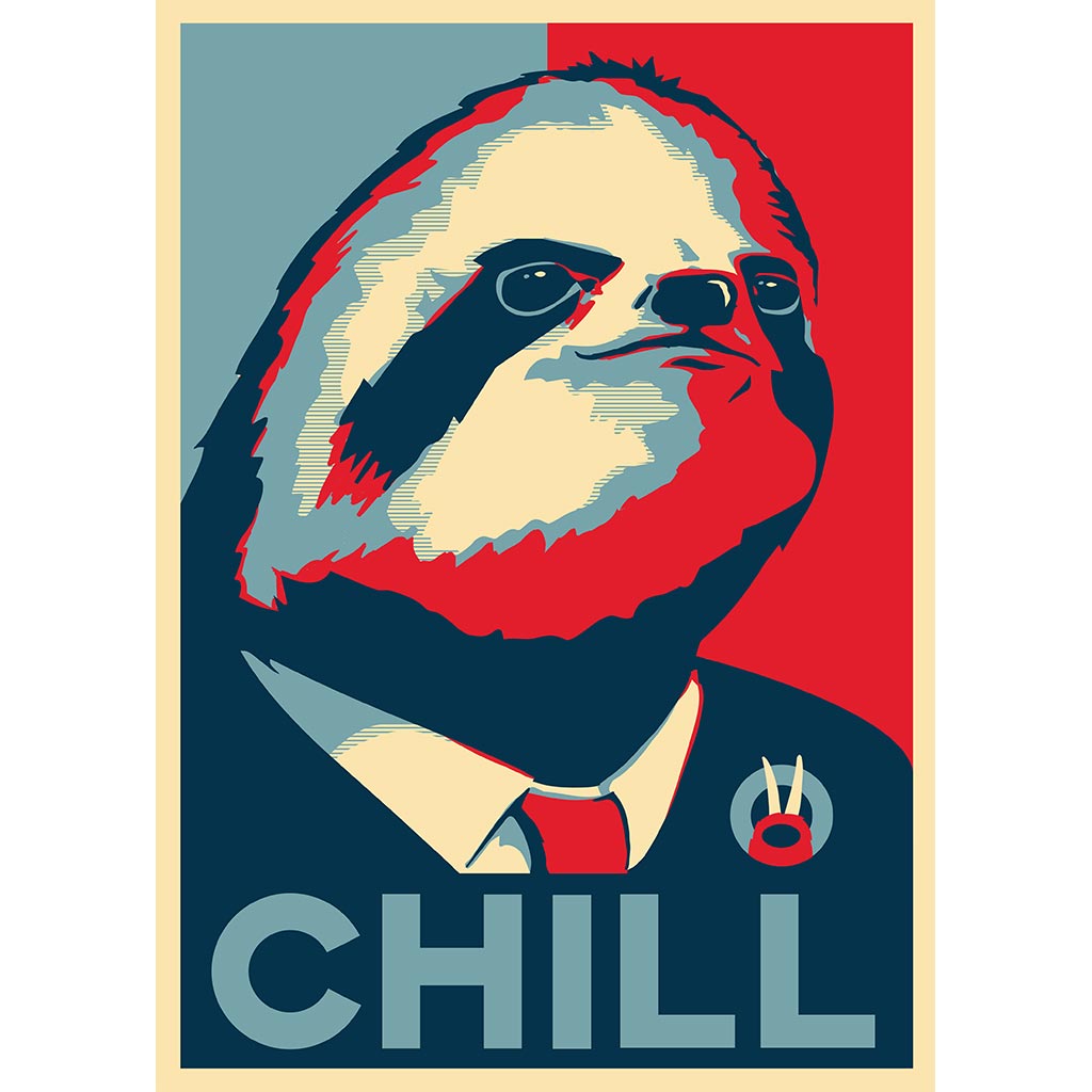 VOTE SLOTH by GRANT SHEPLEY, digitally printed on DENIM products: throw pillows, aprons, table place mats, and hand-made Unisex Denim Jackets in 3 color choices