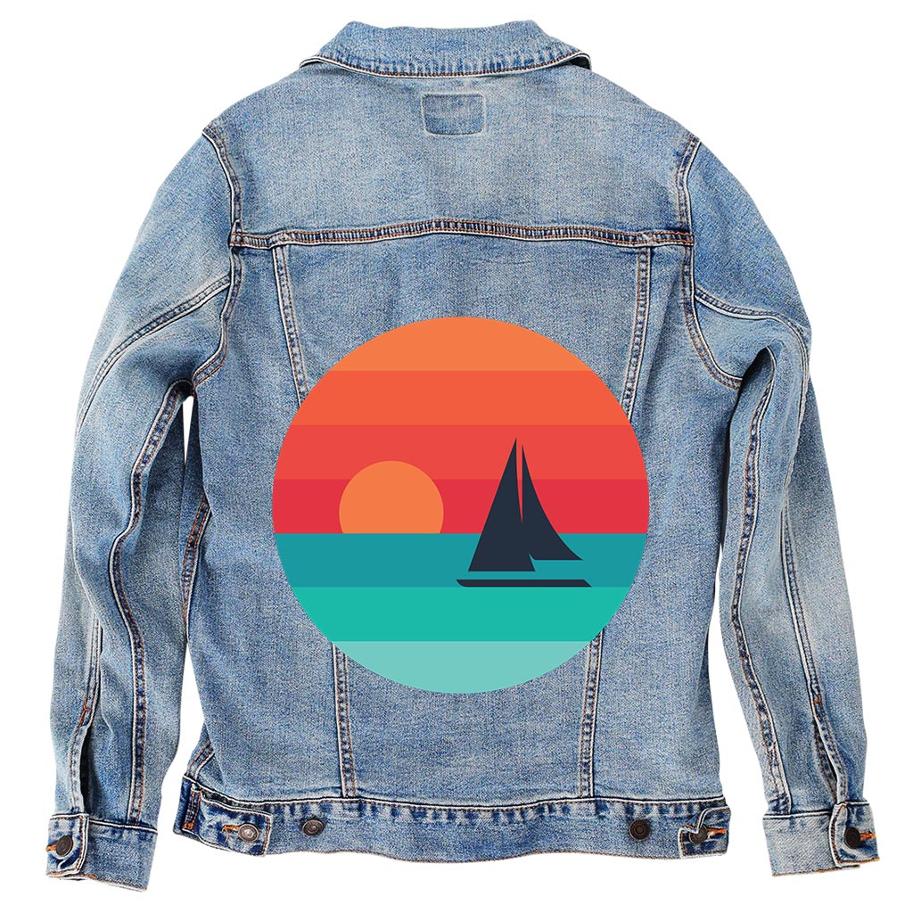 SUNDOWNERS by GRANT SHEPLEY, digitally printed on DENIM products: throw pillows, aprons, table place mats, and hand-made Unisex Denim Jackets in 3 color choices