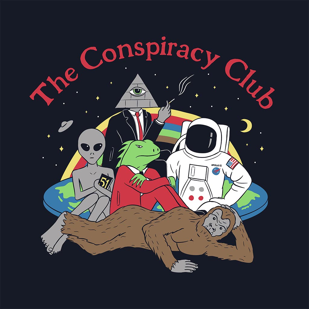 CONSPIRACY CLUB by GRANT SHEPLEY, digitally printed on DENIM products: throw pillows, aprons, table place mats, and hand-made Unisex Denim Jackets in 3 color choices