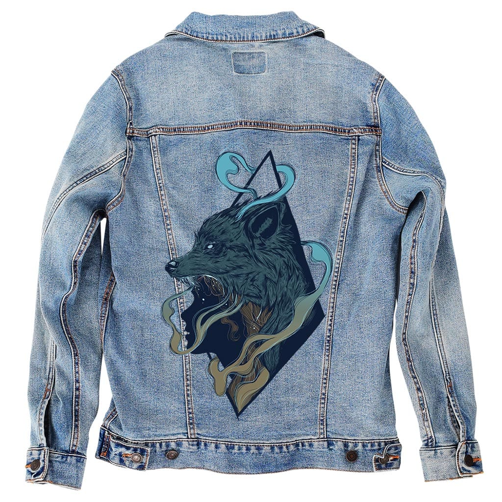 SKINWALKER by JESS ADAMS, digitally printed on DENIM products: throw pillows, aprons, table place mats, and hand-made Unisex Denim Jackets in 3 color choices SKINWALKER by JESS ADAMS, digitally printed on DENIM products: throw pillows, aprons, table place mats, and hand-made Unisex Denim Jackets in 3 color choices