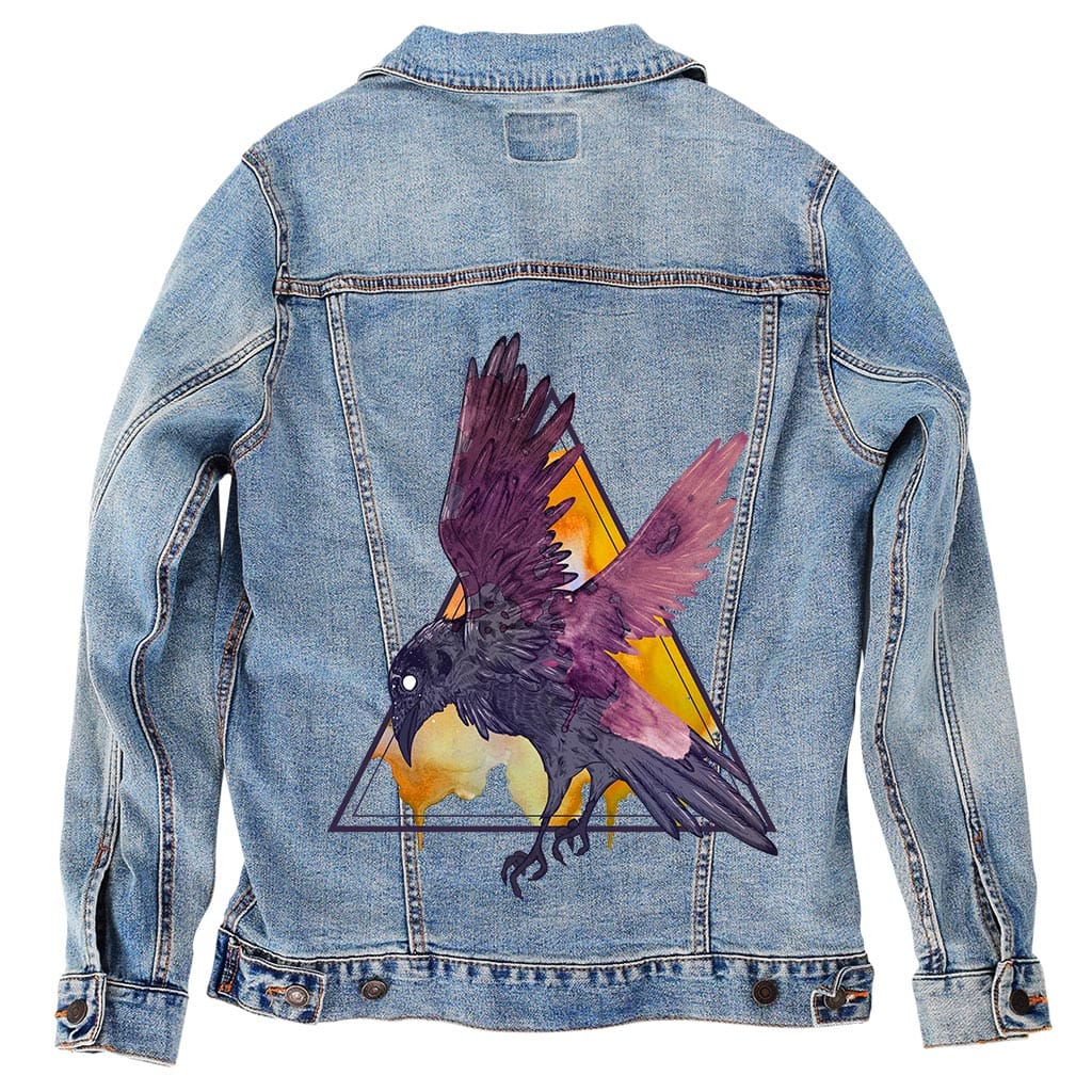 CROW WATERCOLOUR by JESS ADAMS, digitally printed on DENIM products: throw pillows, aprons, table place mats, and hand-made Unisex Denim Jackets in 3 color choices CROW WATERCOLOUR by JESS ADAMS, digitally printed on DENIM products: throw pillows, aprons, table place mats, and hand-made Unisex Denim Jackets in 3 color choices